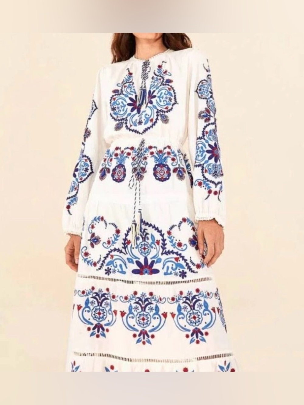 Farm Rio Off-White Navy Embroidered Midi Dress - Picture 5 of 6